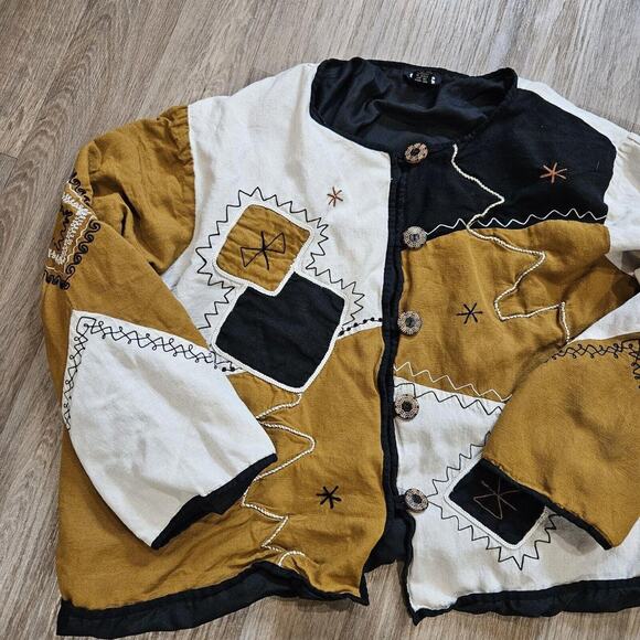 Vintage S.I.S. 2-Piece Rayon Dress Set 3X India Embroidered Boho Mustard & Cream - Picture 4 of 8